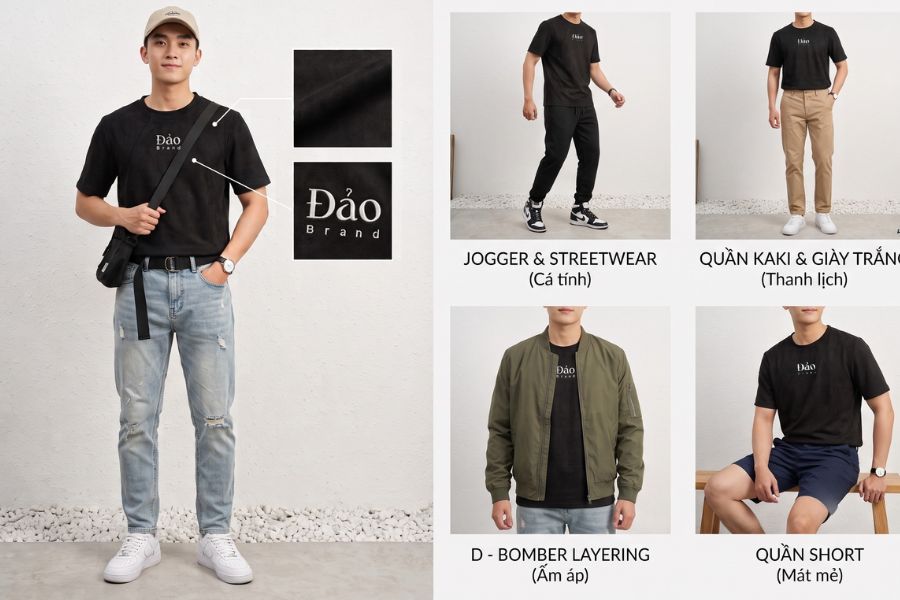 Gợi ý phối đồ với áo thun trơn thêu logo Đảo Brand